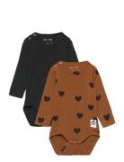 Basic Hearts Ls Body 2-Pack Bodies Long-sleeved Brown Mini Rodini