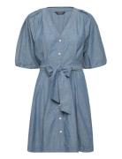 Belted Denim Bubble-Sleeve Shirtdress Lyhyt Mekko Blue Lauren Ralph La...