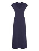 V-Neck Cotton Dress Polvipituinen Mekko Navy Mango