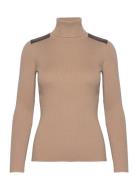 Faux Leather-Trim Rib-Knit Roll Neck Tops Knitwear Turtleneck Beige La...