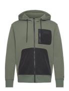 Mix Media Zip Through Hoodie Tops Sweat-shirts & Hoodies Hoodies Green...