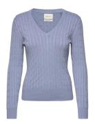 Stretch Cotton Cable V-Neck Tops Knitwear Jumpers Blue GANT