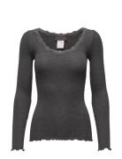 Silk T-Shirt W/ Lace Tops T-shirts & Tops Long-sleeved Grey Rosemunde