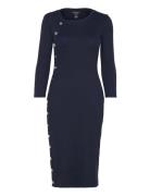 Button-Trim Rib-Knit Cotton-Blend Dress Polvipituinen Mekko Navy Laure...