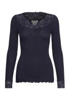 Organic T-Shirt W/ Lace Tops T-shirts & Tops Long-sleeved Navy Rosemun...