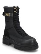 Biker Leather Mix Lace-Up Shoes Boots Ankle Boots Laced Boots Black To...