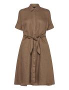 Tie-Front Linen Shirtdress Lyhyt Mekko Brown Lauren Ralph Lauren