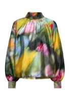 2067 Flat Textured Poly, Gathered L Tops Blouses Long-sleeved Multi/pa...