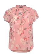 Floral Ruffle-Trim Georgette Blouse Tops Blouses Short-sleeved Pink La...