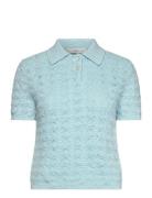 Polo-Neck Crochet Sweater Tops T-shirts & Tops Short-sleeved Blue Mang...