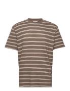 Striped Structured O-Neck Tee S/S Tops T-shirts Short-sleeved Brown Li...