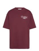 Printed Cotton-Blend T-Shirt Tops T-shirts Short-sleeved Burgundy Mang...