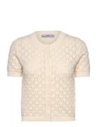 Short-Sleeved Openwork Knitted Cardigan Tops Knitwear Cardigans Cream ...
