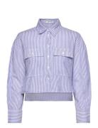 Striped Cropped Shirt With Pockets Tops Shirts Long-sleeved Blue Mango