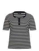 Striped Elbow-Sleeve Henley Top Tops T-shirts & Tops Short-sleeved Bla...