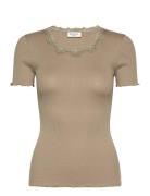 Rwbeatha Silk Ss Lace T-Shirt Tops T-shirts & Tops Short-sleeved Beige...