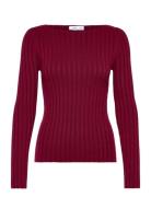 Boat Neck Ribbed Sweater Tops Knitwear Jumpers Burgundy Mango